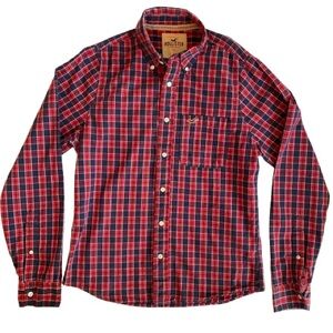 Hollister Men's Casual Red and Blue Plaid Shirt, Men’s L, Cotton
